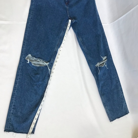 Asos high waisted slim mom jeans distressed raw hem mid wash blue size 30 - Picture 7 of 9
